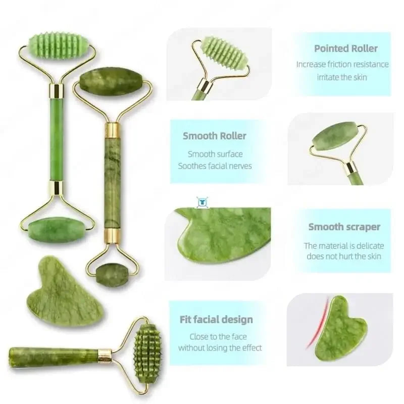 Massageador Facial de Jade Natural – Gua Sha e Jade Roller para Lifting e Antirrugas