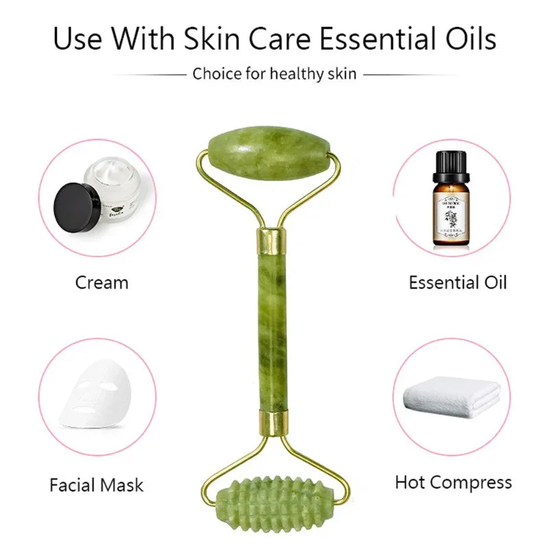 Massageador Facial de Jade Natural – Gua Sha e Jade Roller para Lifting e Antirrugas