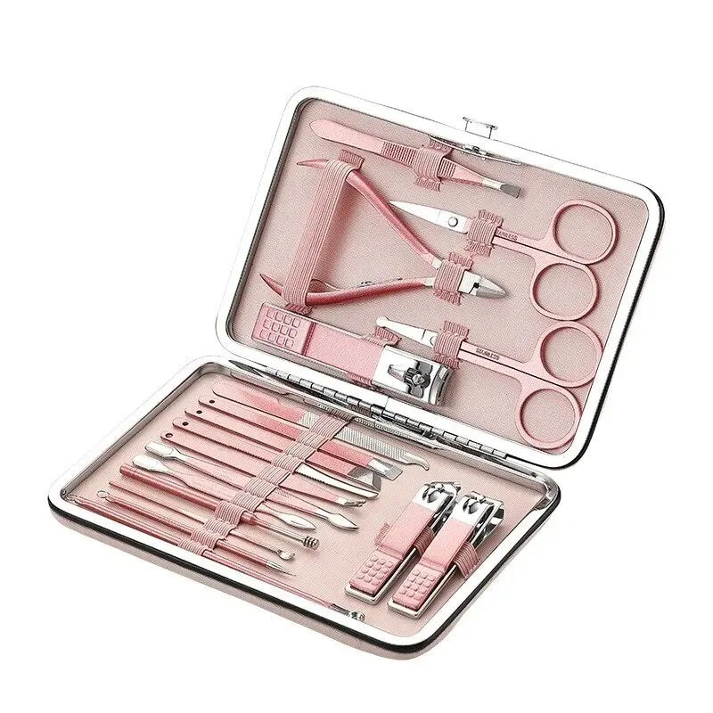 Conjunto de Manicure e Pedicure em Aço Inoxidável – 18 Peças, Rose Gold, com Tesoura, Espátula de Orelha e Ferramentas de Exfoliação