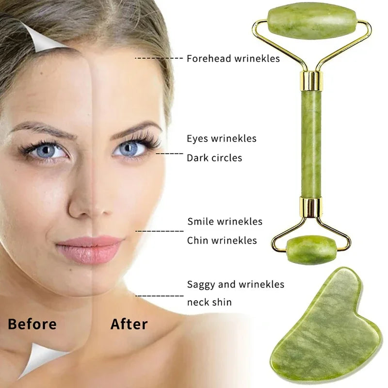 Massageador Facial de Jade Natural – Gua Sha e Jade Roller para Lifting e Antirrugas